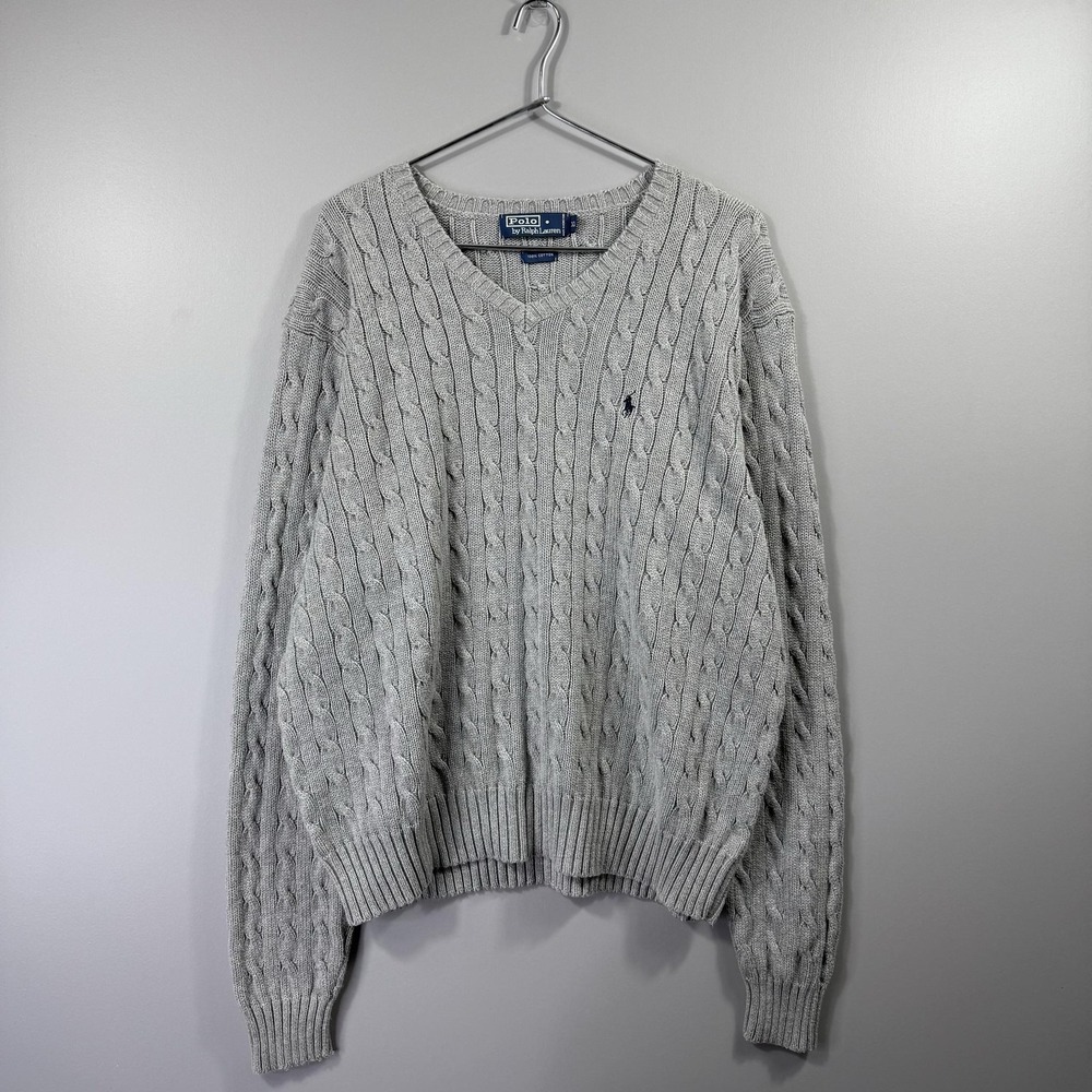 Vintage Polo Ralph Lauren Sweater Mens XL Gray Cable Knit V Neck Pullover